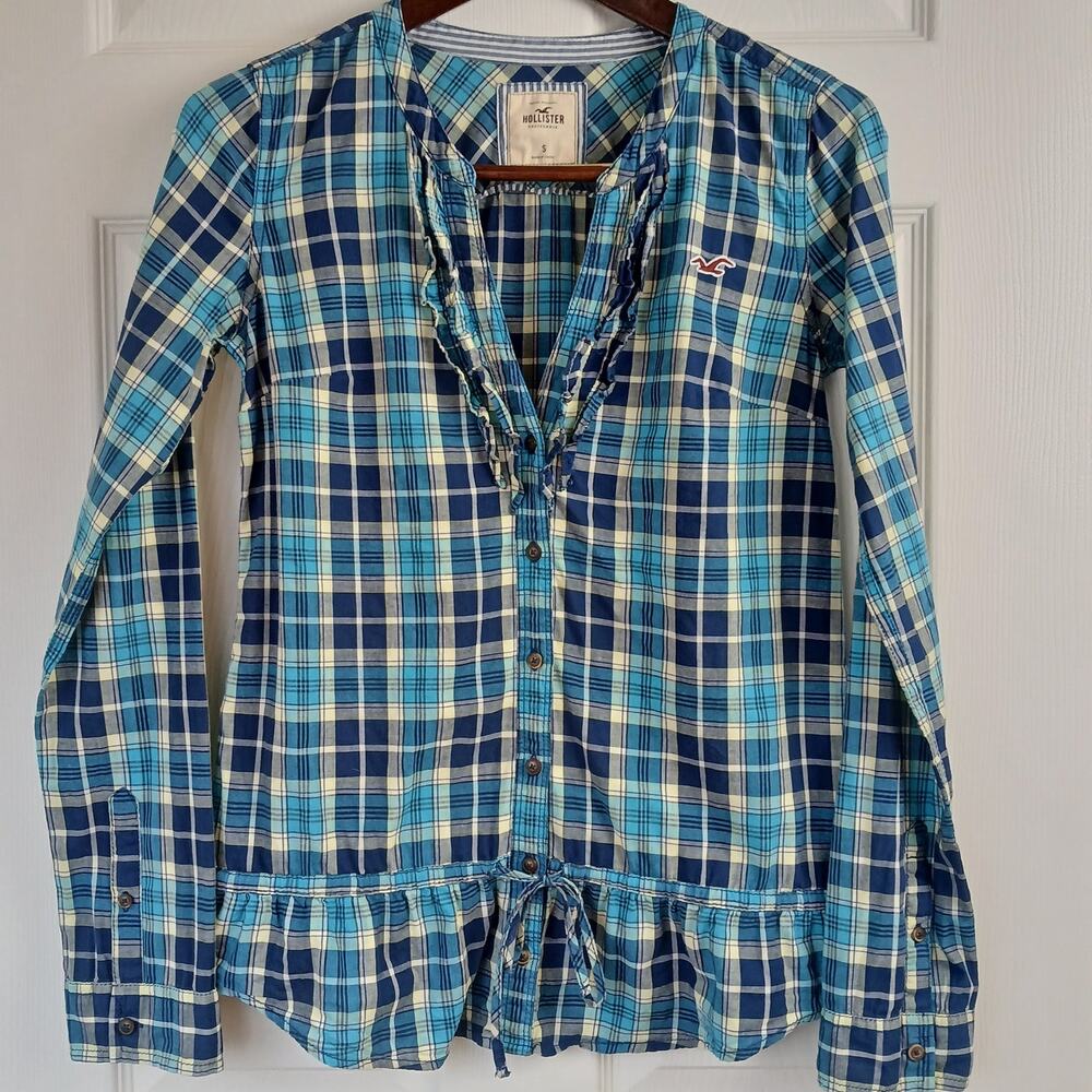 Hollister Plaid Ruffle Blouse Small long sleeve button up waist tie blue yellow